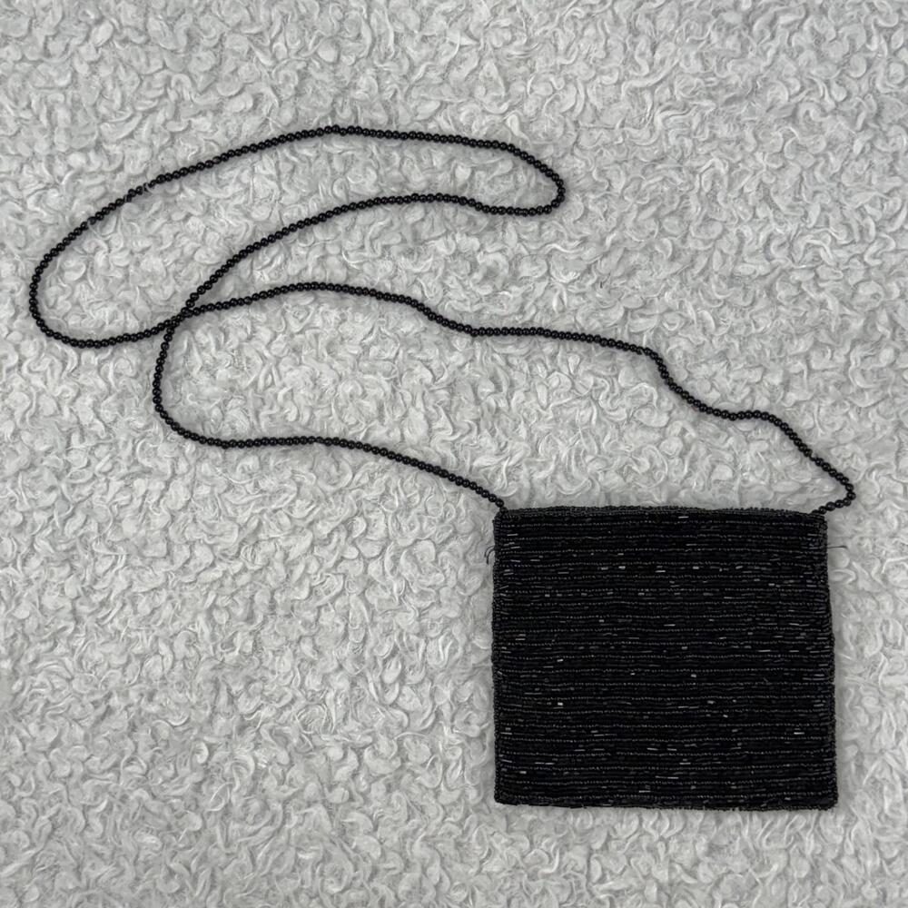Ann Taylor Elegant Black Beaded Evening Bag Purse with Long Beaded Strap #TM225